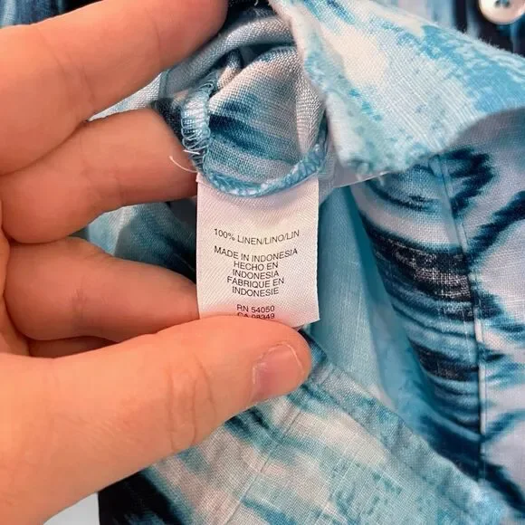 Jones New York 100% Linen Button Up Shirt M Blue Ikat 3/4 Sleeve Coastal Boho - Picture 4 of 7